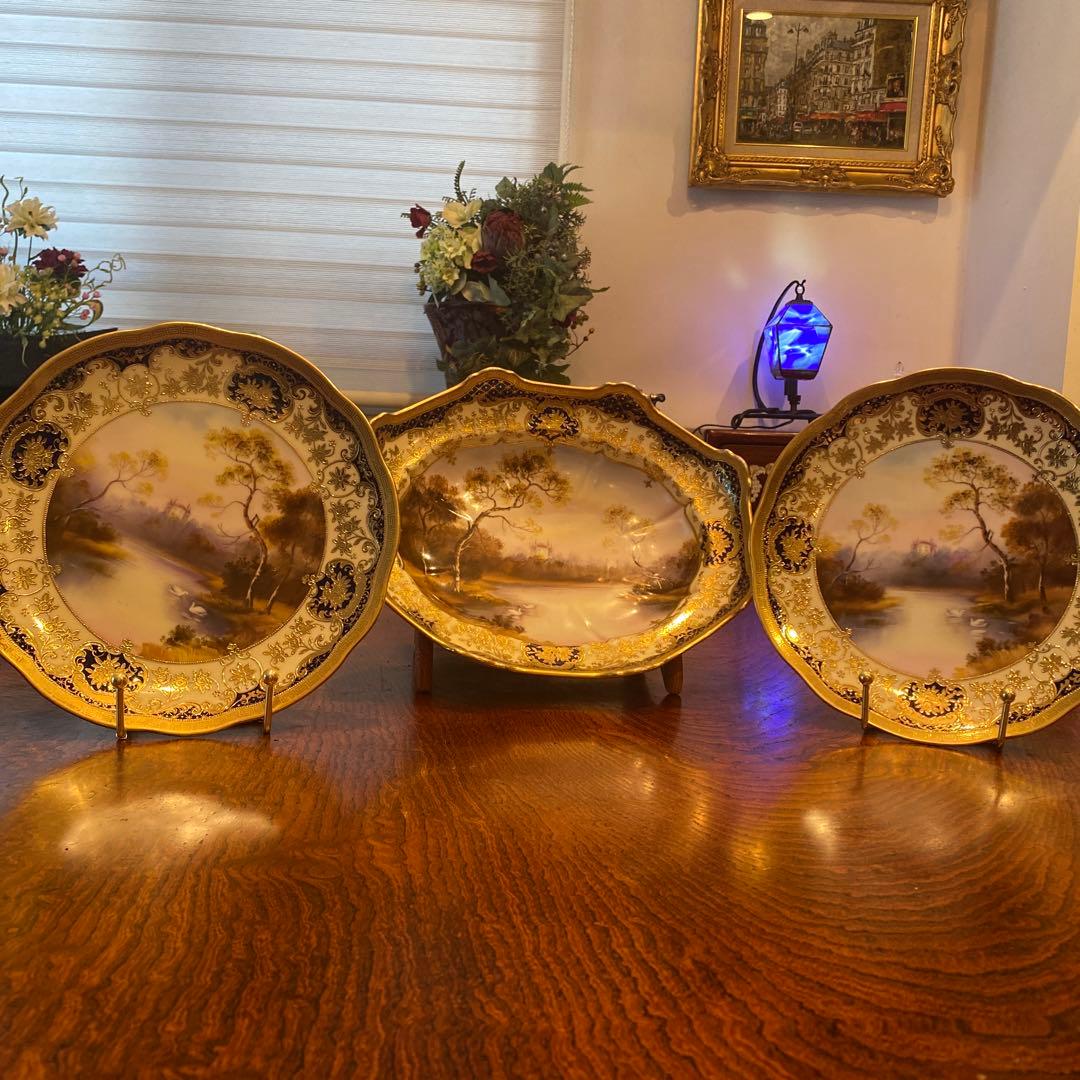 オールドノリタケ　　 繊細な風景画プレート3点セット