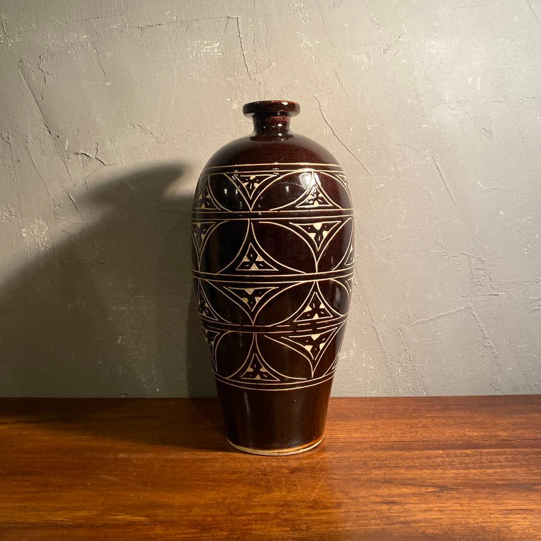 中国美術 磁州窯 黒釉梅瓶 飾り壺 花器 オブジェ インテリア 幾何学模様