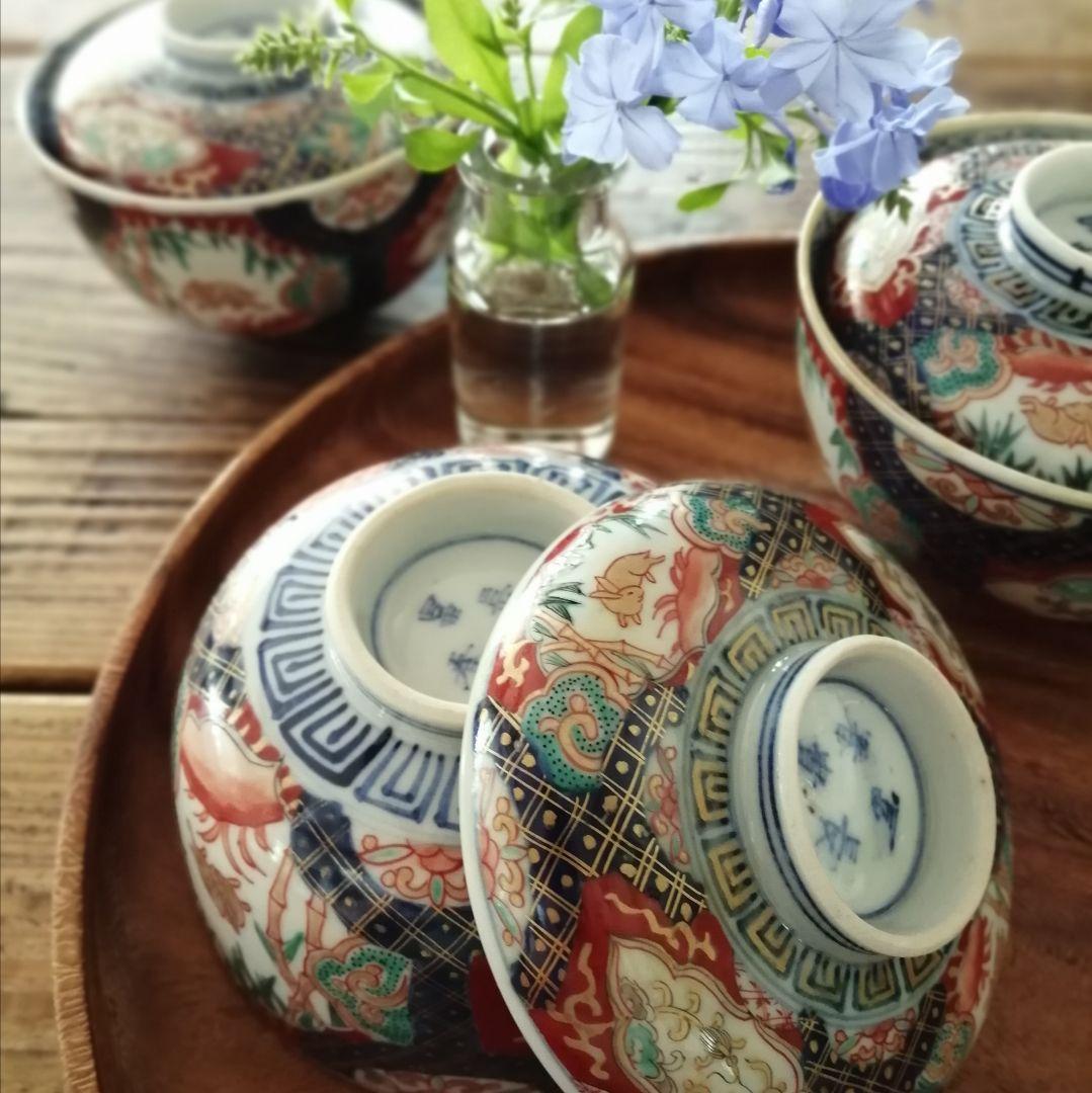 古伊万里　色絵　兎と龍　蓋茶碗　3客