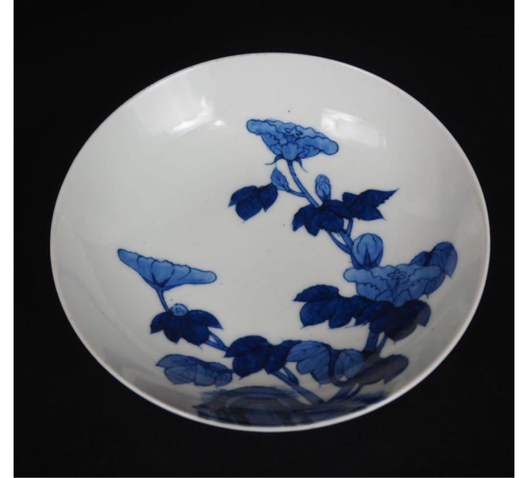 送料無料　江戸時代　鍋島焼　染付牡丹文皿　櫛高台 径20cm