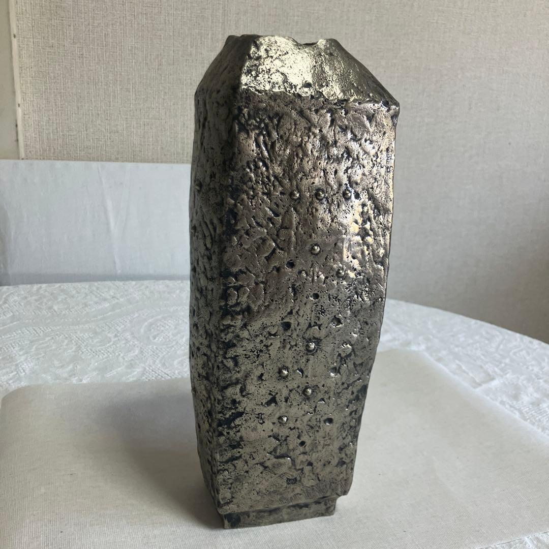 長谷川恵久作　白銅 花瓶 角型 木箱付き