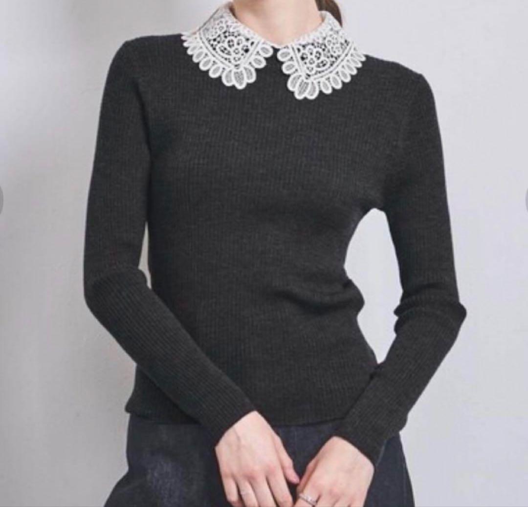 UNITED ARROWS レディ ロングスリーブ ニット 襟レース ウール