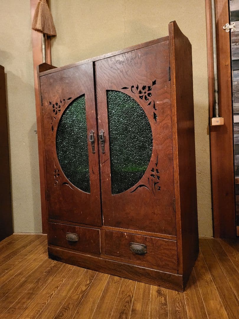 緑 ダイヤガラス　透かし彫り　本棚　本箱　キャビネット　大正ロマン　アンティーク