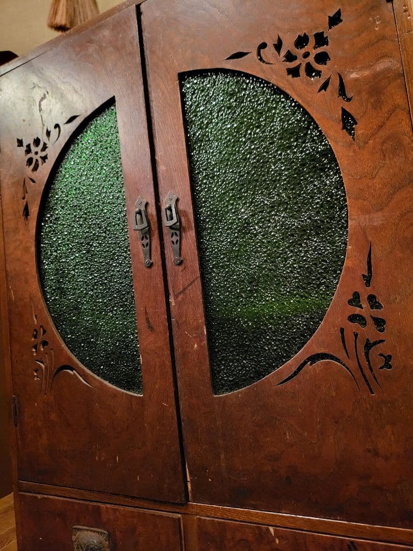 緑 ダイヤガラス　透かし彫り　本棚　本箱　キャビネット　大正ロマン　アンティーク