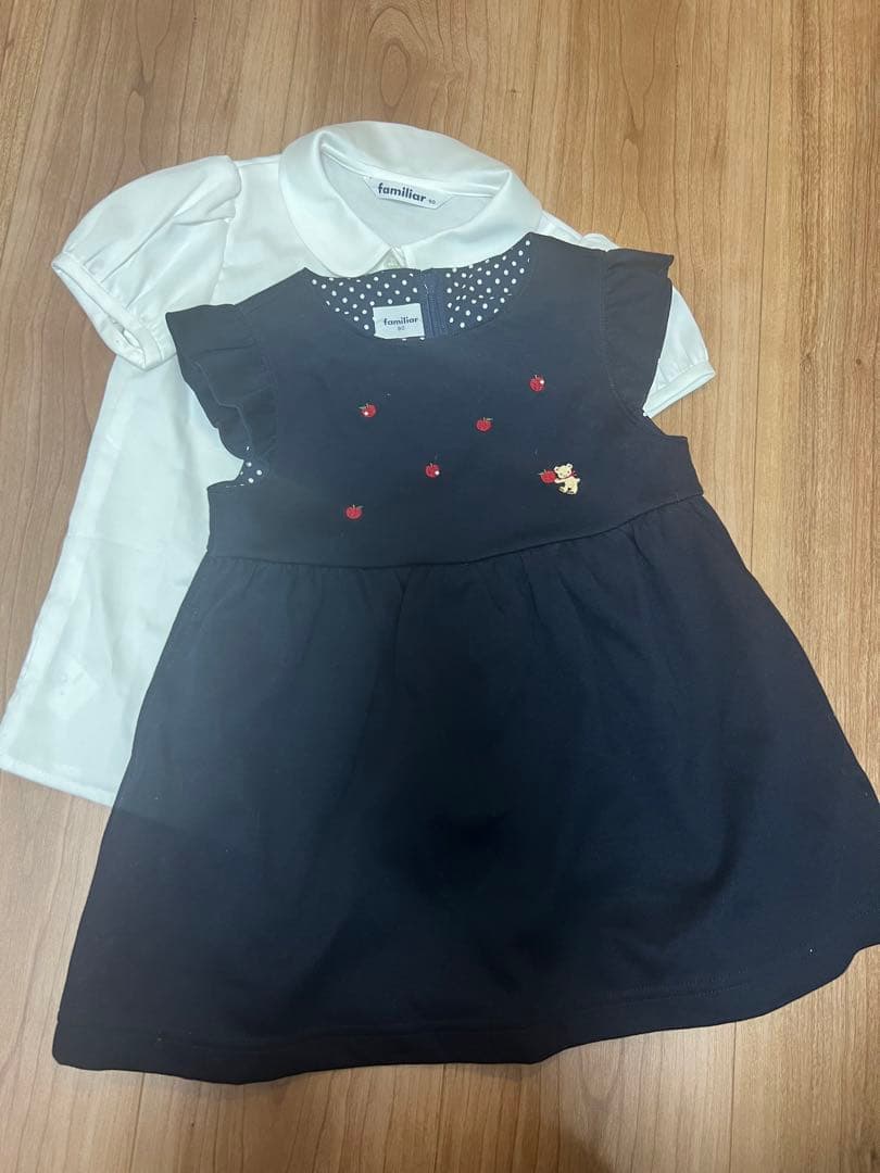 ファミリア紺お受験ワンピース80 90ブラウスセット 幼稚園受験 家族写真