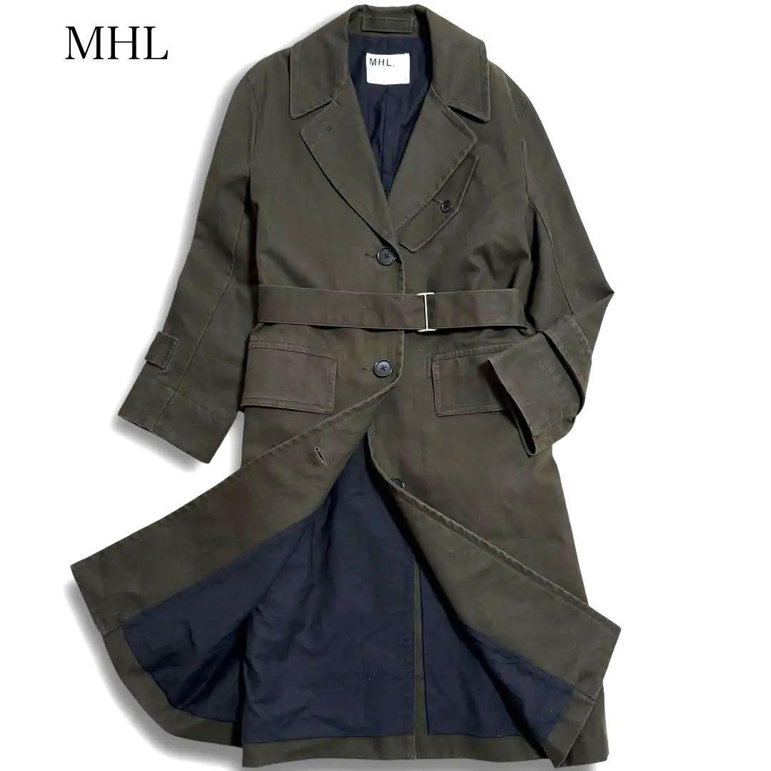 MHL トレンチコート シングル モールスキン ベルト フラップポケット カーキ