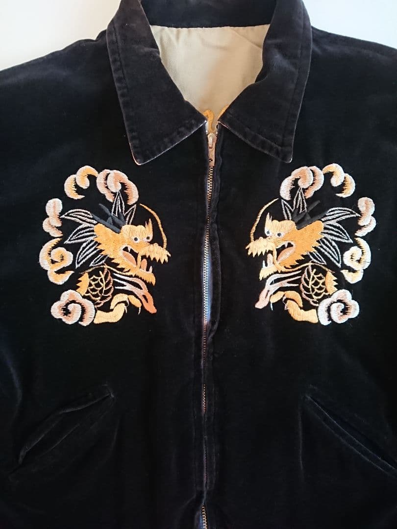 【希少】東洋テーラー 別珍 襟付 スカジャン M 黒 龍 鷹 刺繍 リバーシブル