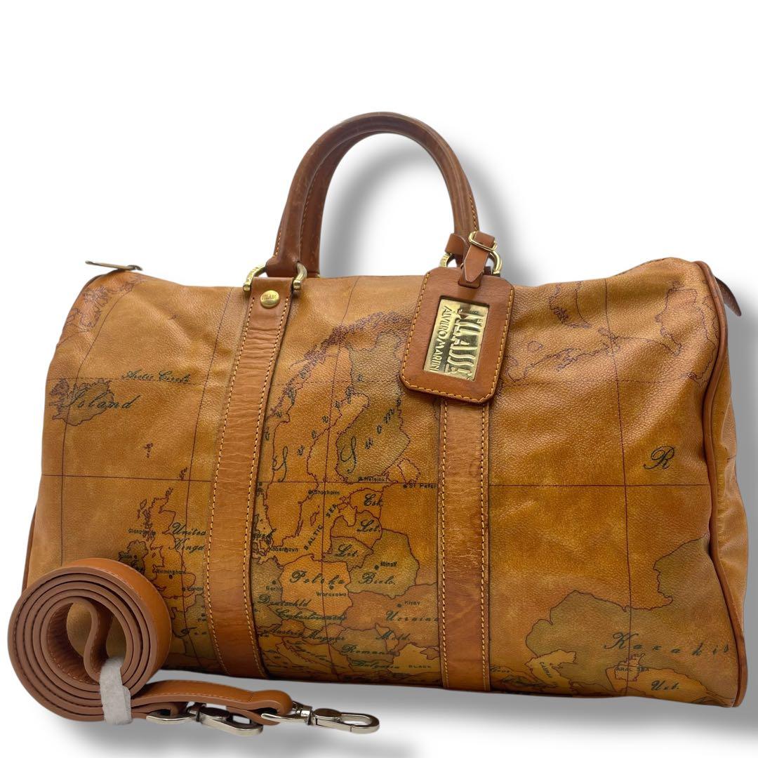 美品✨プリマクラッセ 2way ボストンバッグ PVC×レザー 地図柄 チャーム