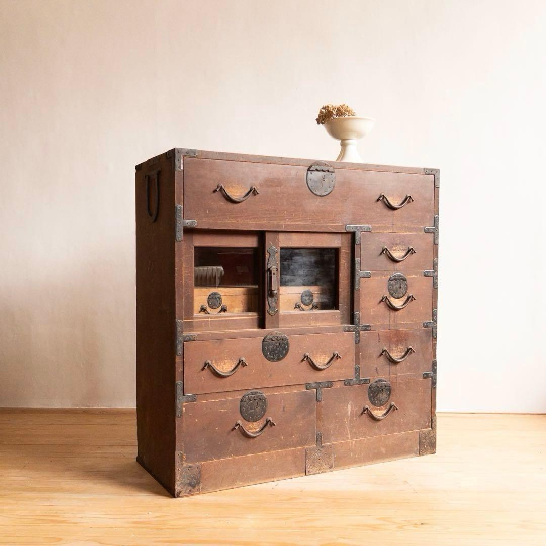 ガラス棚　和箪笥　M065　古道具　古家具　和家具　ビンテージ　アンティーク