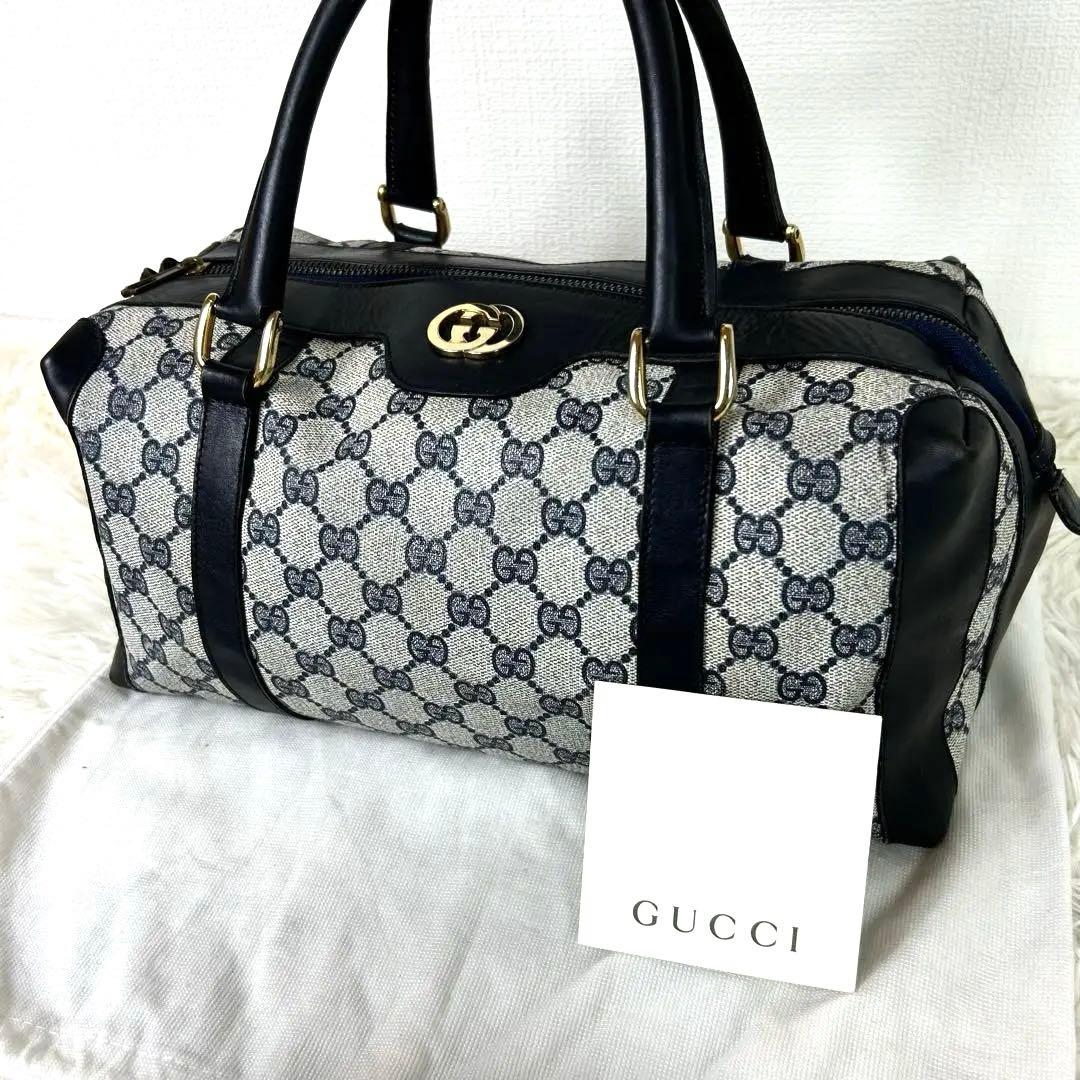 美品 GUCCI バンド ボストンバッグ gg シェリー PVC ネイビー大容量