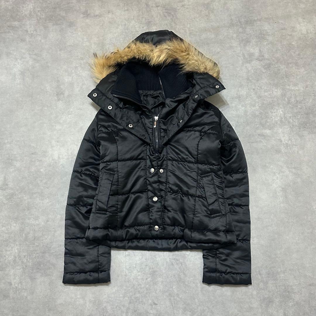 平成ギャル y2k　光沢　リアルファー付きダウン　短丈　お兄系　グランジ　黒