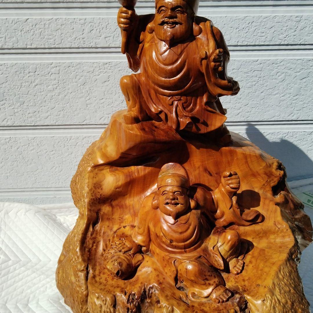 大黒様、恵比寿様　欅株一刀彫　66cm