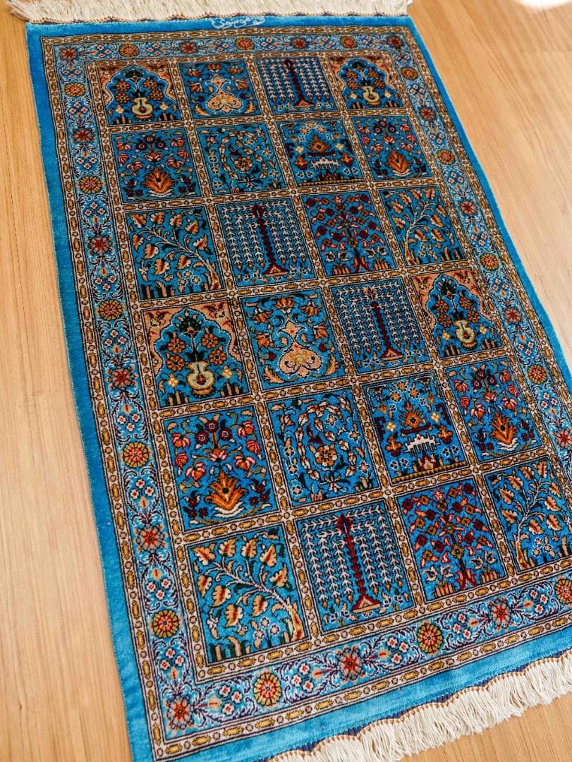 89×56cm　ペルシャ絨毯 クム産 モスサビ房 シルク