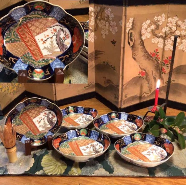 A641 古伊万里　上手　金蘭手　扇面窓絵　雲に梅紋様　変化菱形皿　5枚