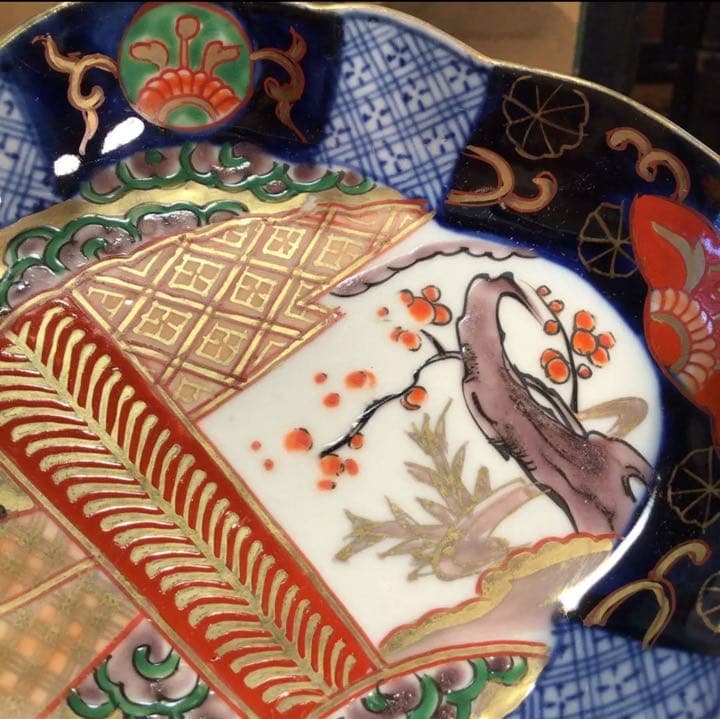 A641 古伊万里　上手　金蘭手　扇面窓絵　雲に梅紋様　変化菱形皿　5枚