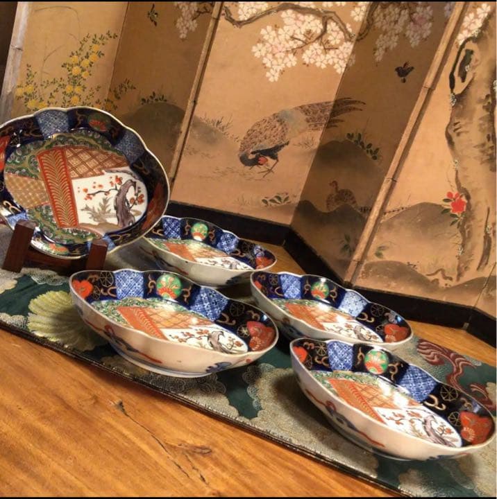 A641 古伊万里　上手　金蘭手　扇面窓絵　雲に梅紋様　変化菱形皿　5枚