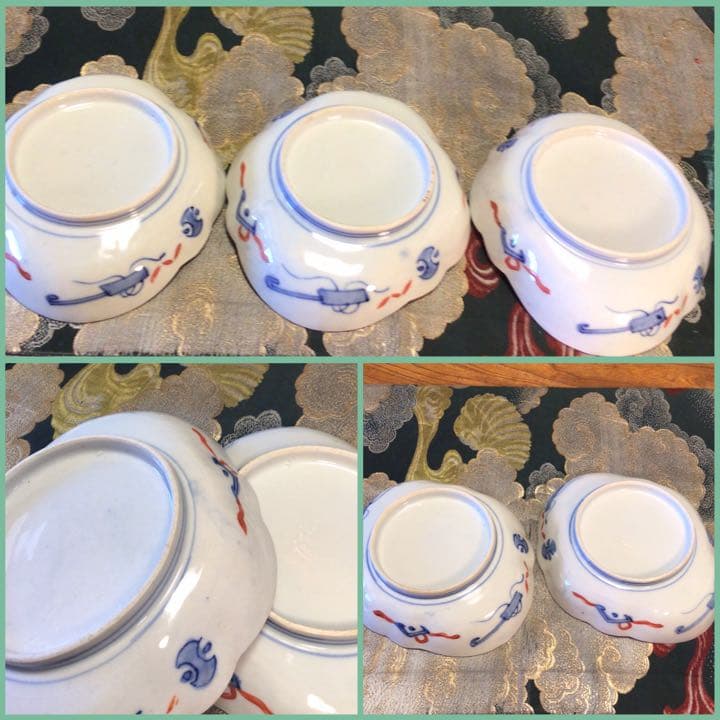 A641 古伊万里　上手　金蘭手　扇面窓絵　雲に梅紋様　変化菱形皿　5枚