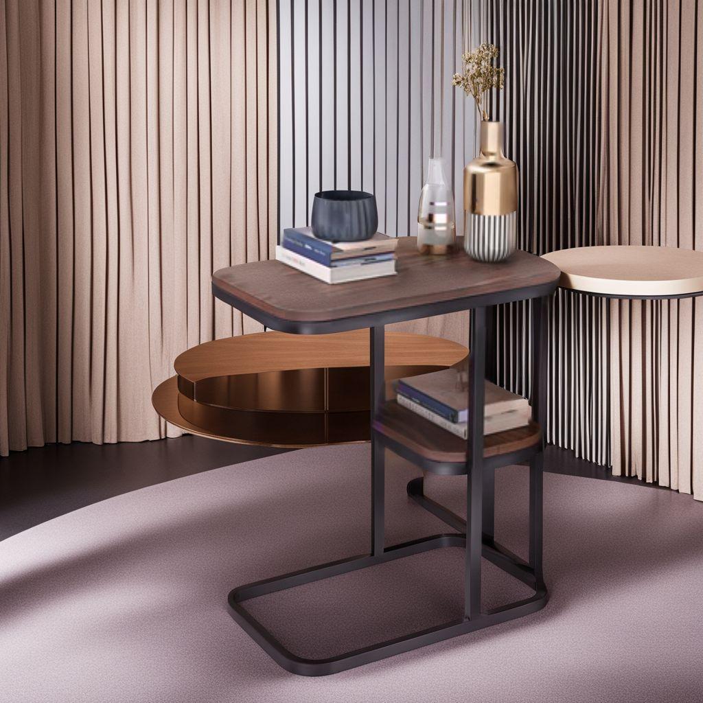 コンパクト多機能木目サイドテーブル - エレガントアイアン脚