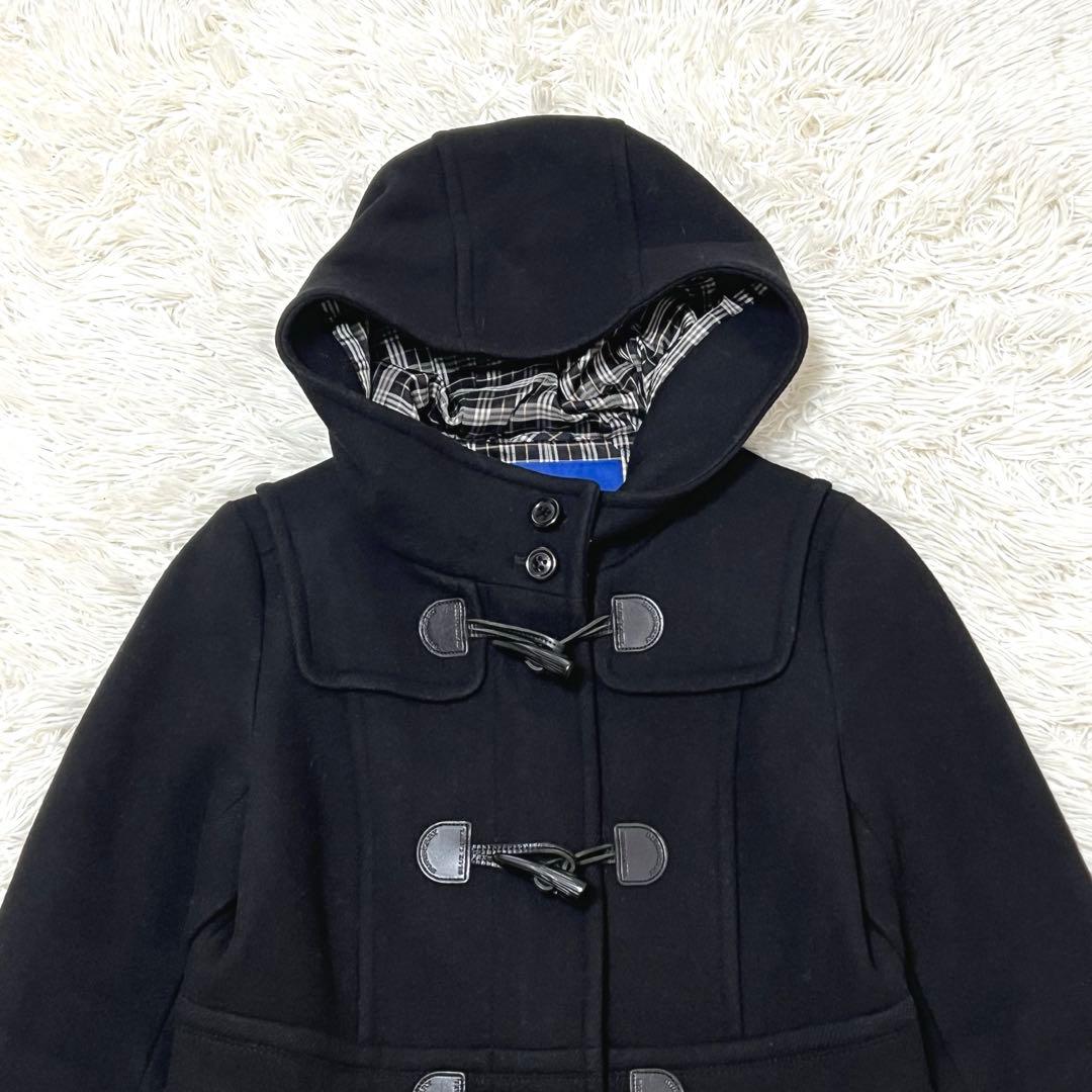 バーバリーブルーレーベル ダッフルコート チェック Aライン フード 黒 M