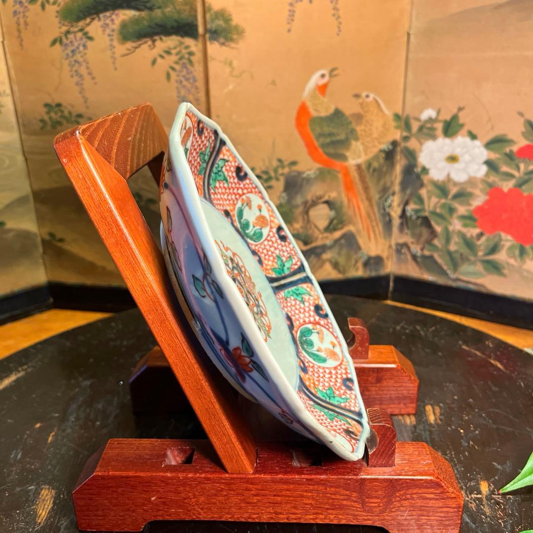 【特別出品】古伊万里　元禄伊万里　柿右衛門　色絵　宝丸紋　輪花型皿