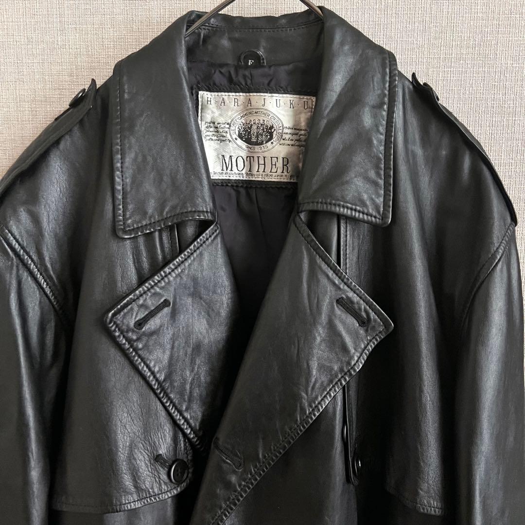 美品 ヴィンテージ マキシ丈 カウレザートレンチコート 牛革 ブラック 古着