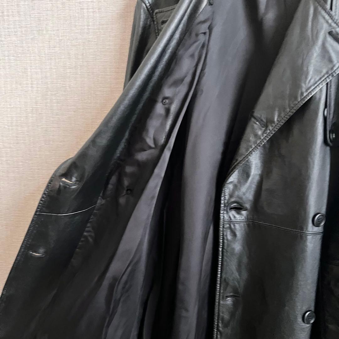 美品 ヴィンテージ マキシ丈 カウレザートレンチコート 牛革 ブラック 古着
