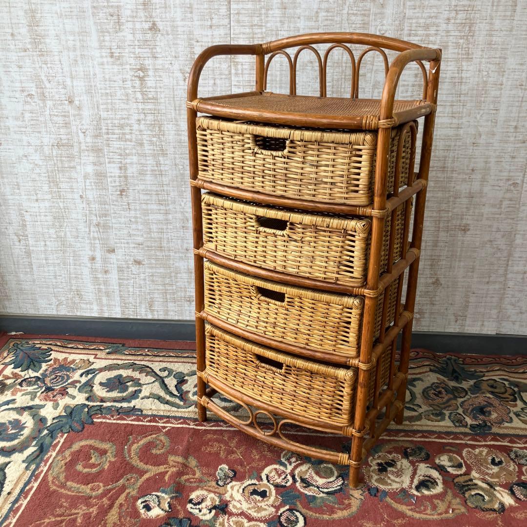 昭和レトロ ラタンチェスト 4段 引き出し箪笥 古家具 ビンテージヴィンテージ