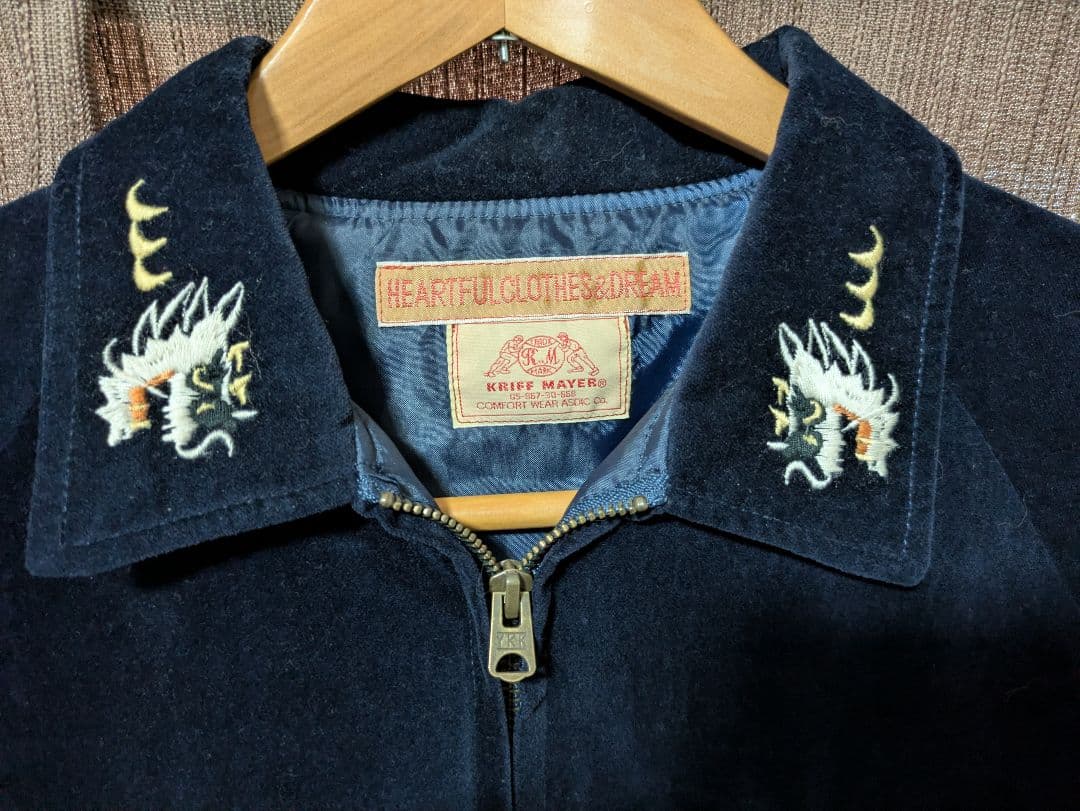 ネイビー 別珍 襟付 ベトジャン スカジャンスーベニアジャケット豪華刺繍多数 M