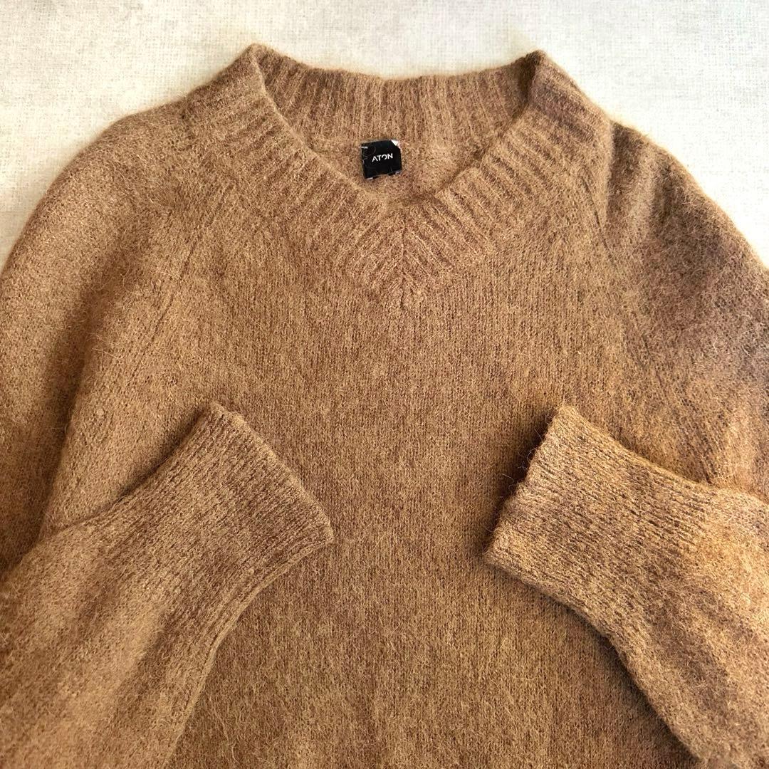 美品▲ATON エイトン//ベビーアルパカウールVネックニット▲キャメルブラウン