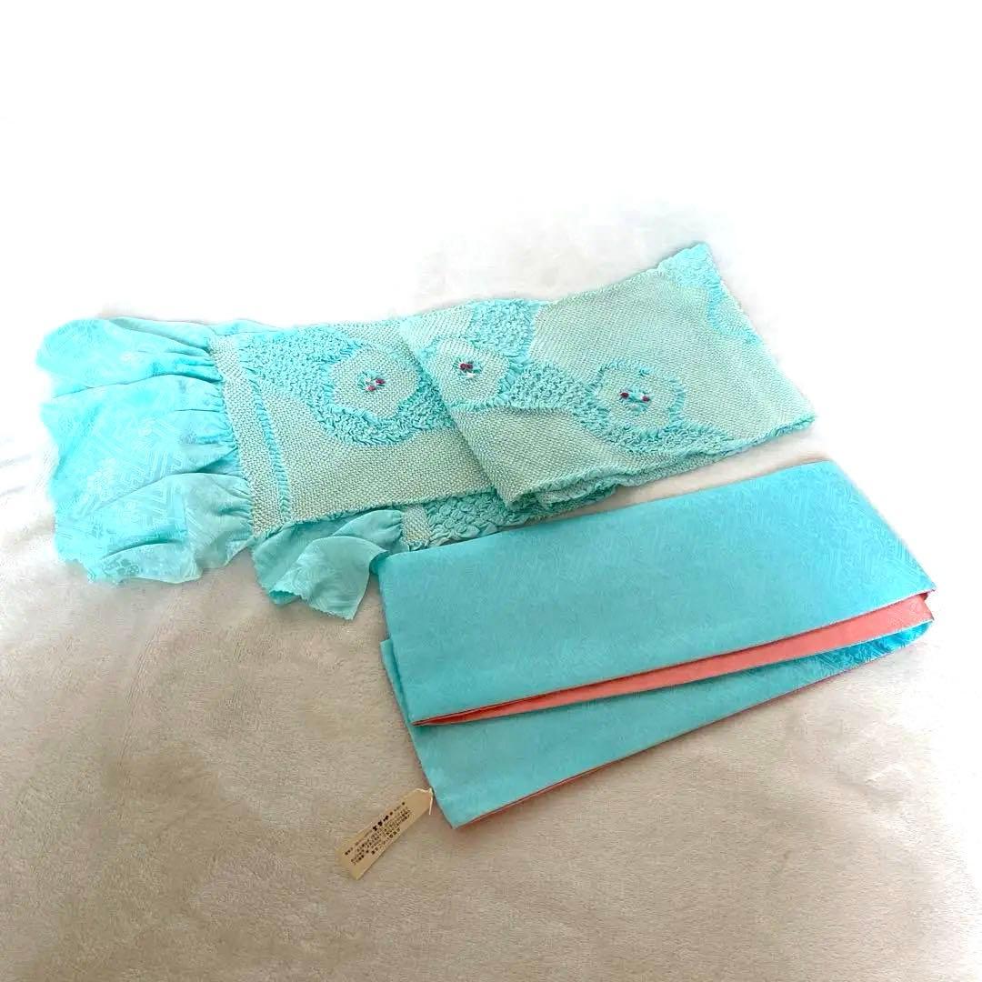 振袖用　加藤萬　伊達衿　ピンク・水色　リバーシブル　帯揚げ　総絞り