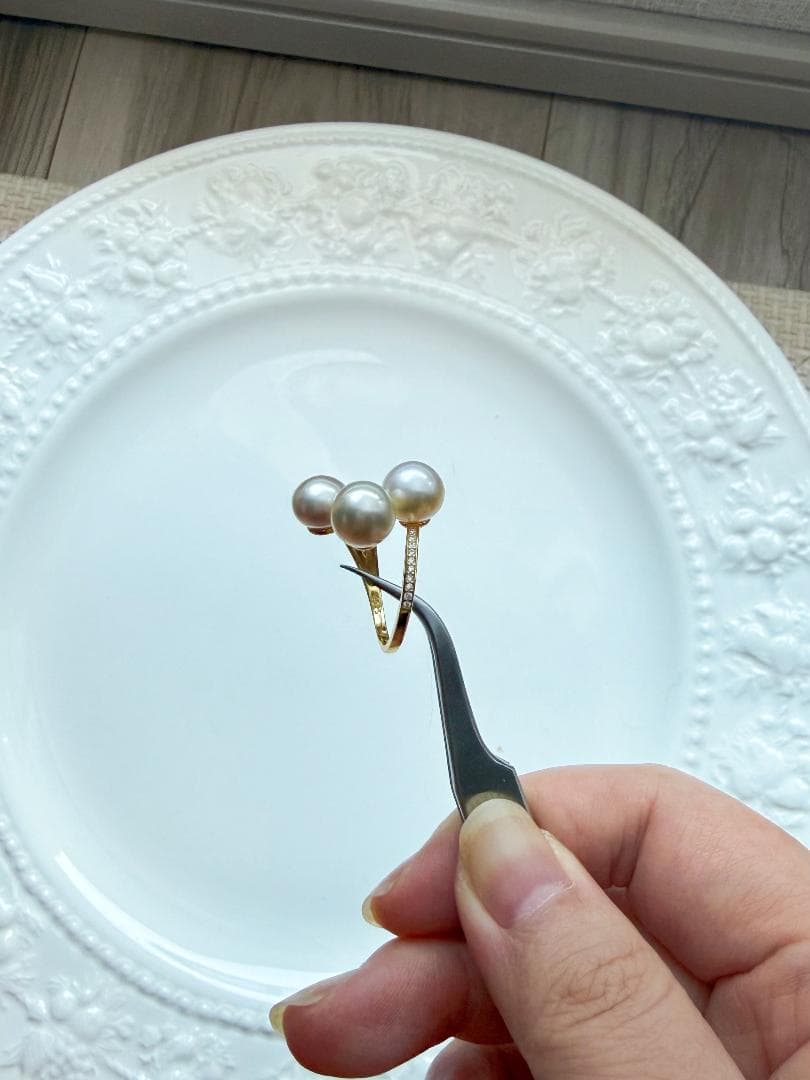 【絶妙バランス】南洋白蝶真珠 ゴールドパール 3連リング 18kGP 稀少サイズ