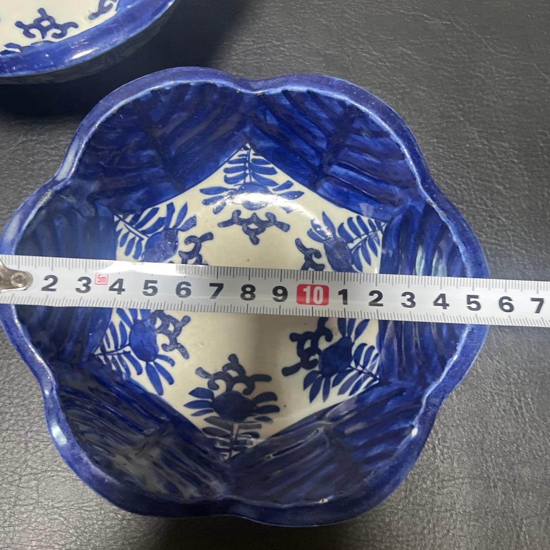 古伊万里　花形皿 深鉢　3枚セット 木箱付き　染付　深鉢　ベロ藍　大中小