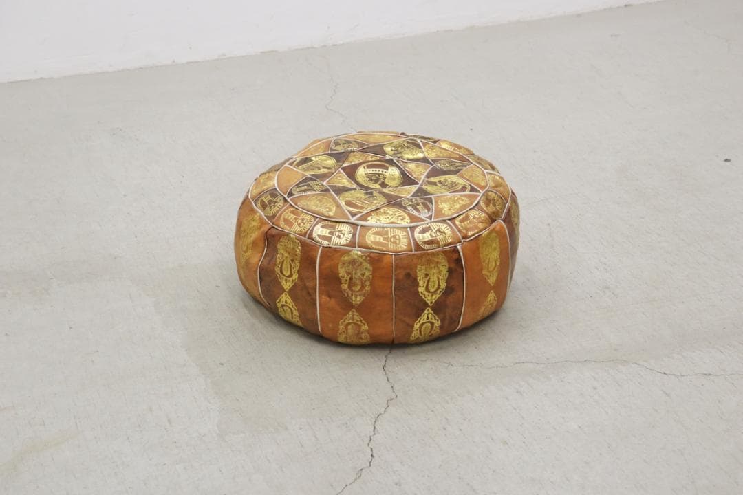 ヴィンテージ エジプト 本革 プフ クッション スツール 円形 座椅子 1