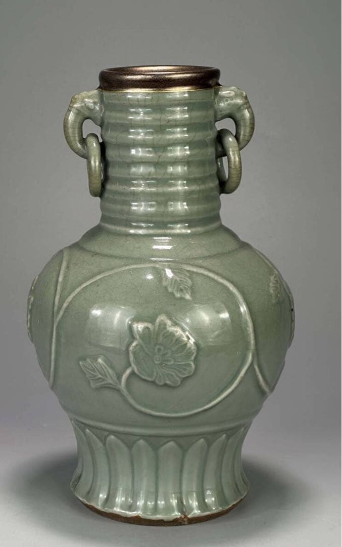 明朝　明時代保証　龍泉窯　花卉文　象耳瓶　口蒔絵塗金継有　骨董品　華道具　唐物