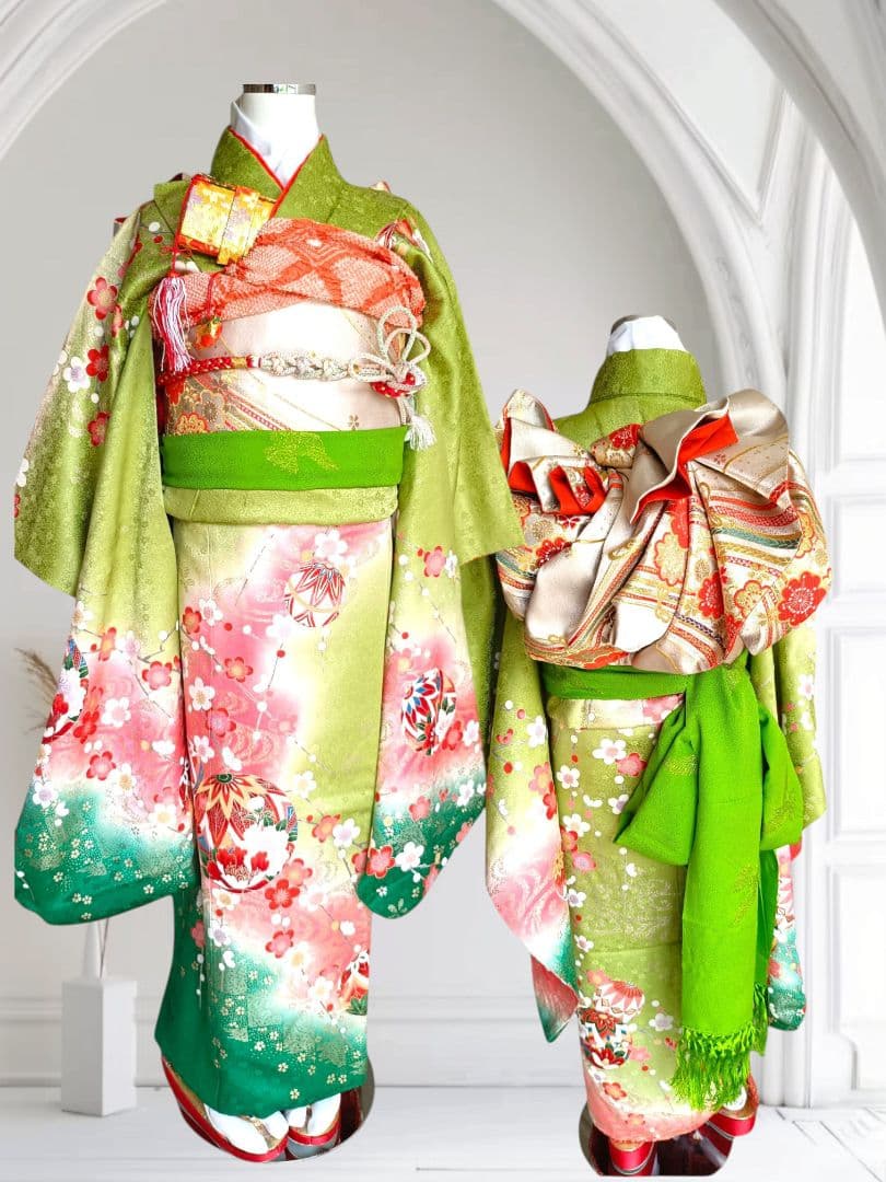 専用です☆抹茶色☆正絹着物とゴールド系袋帯☆七五三セット