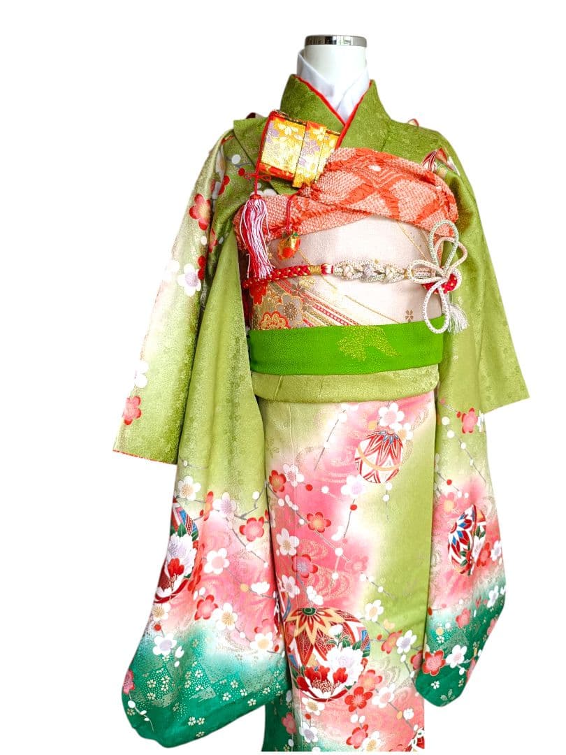 専用です☆抹茶色☆正絹着物とゴールド系袋帯☆七五三セット