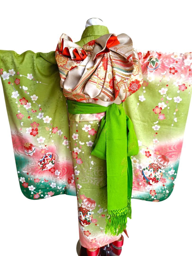 専用です☆抹茶色☆正絹着物とゴールド系袋帯☆七五三セット