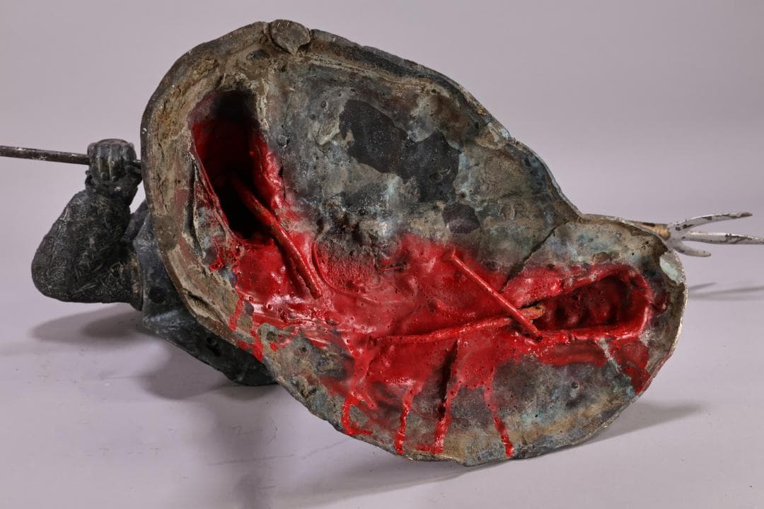 時代金工　明治期　ブロンズ像　加藤清正　薙刀　置物　床飾　高58㎝　BK091