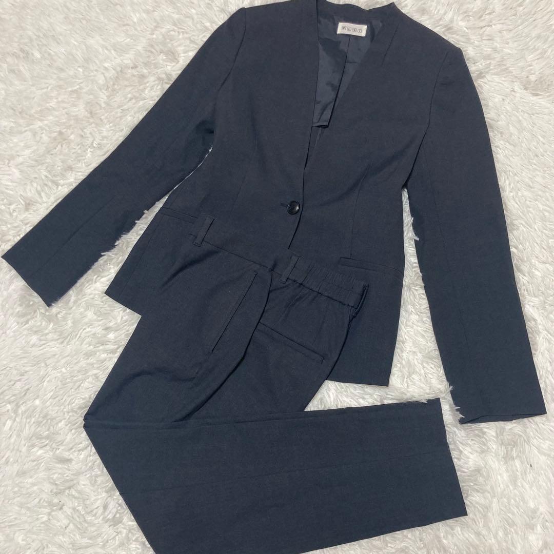 PLST スーツ　セットアップ　ノーカラー　Lサイズ　リネン混　ネイビー