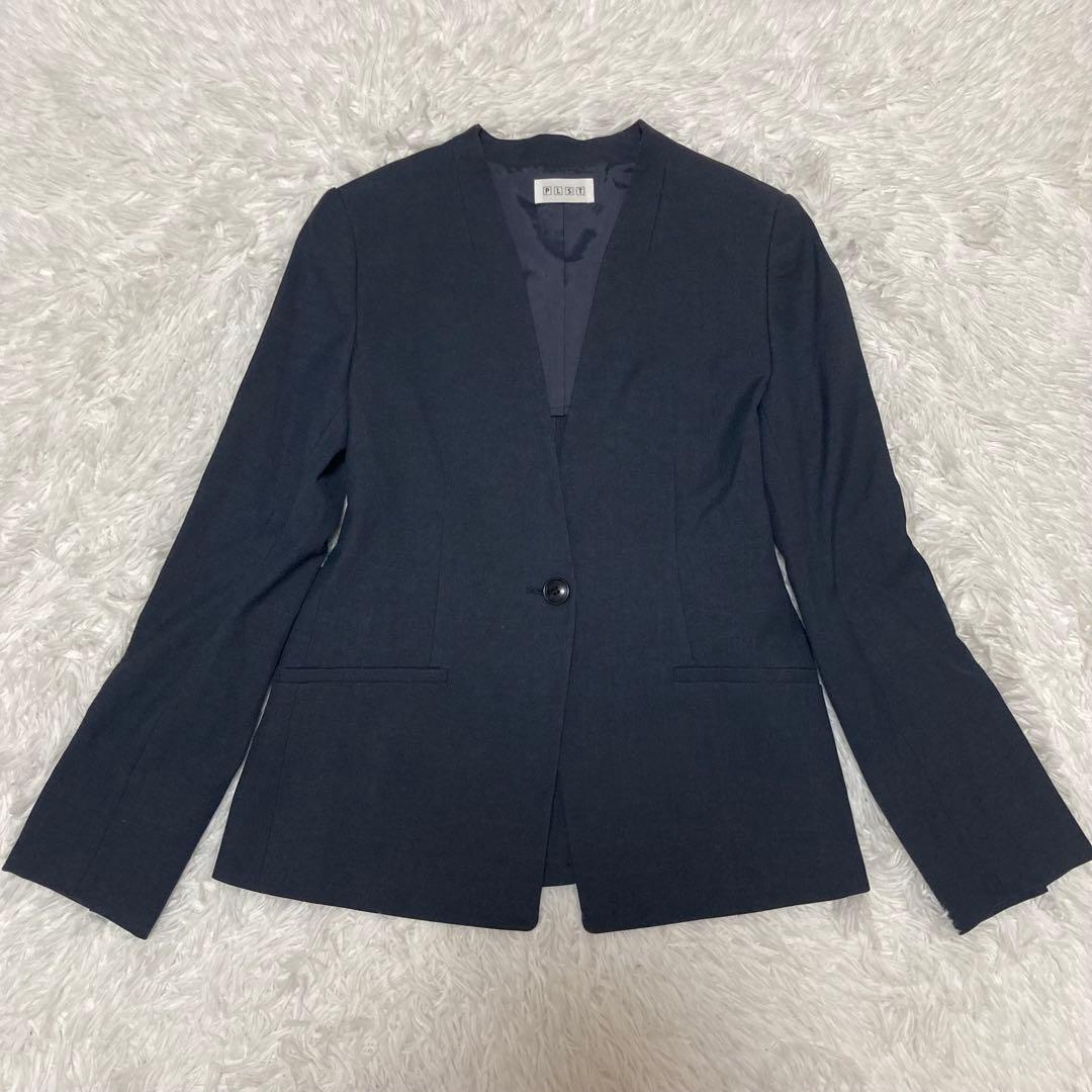 PLST スーツ　セットアップ　ノーカラー　Lサイズ　リネン混　ネイビー