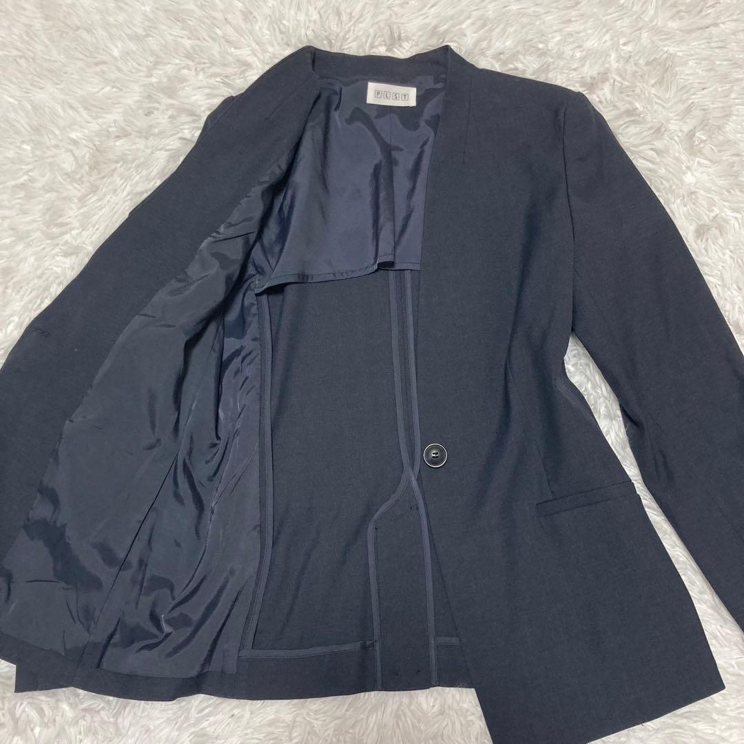 PLST スーツ　セットアップ　ノーカラー　Lサイズ　リネン混　ネイビー