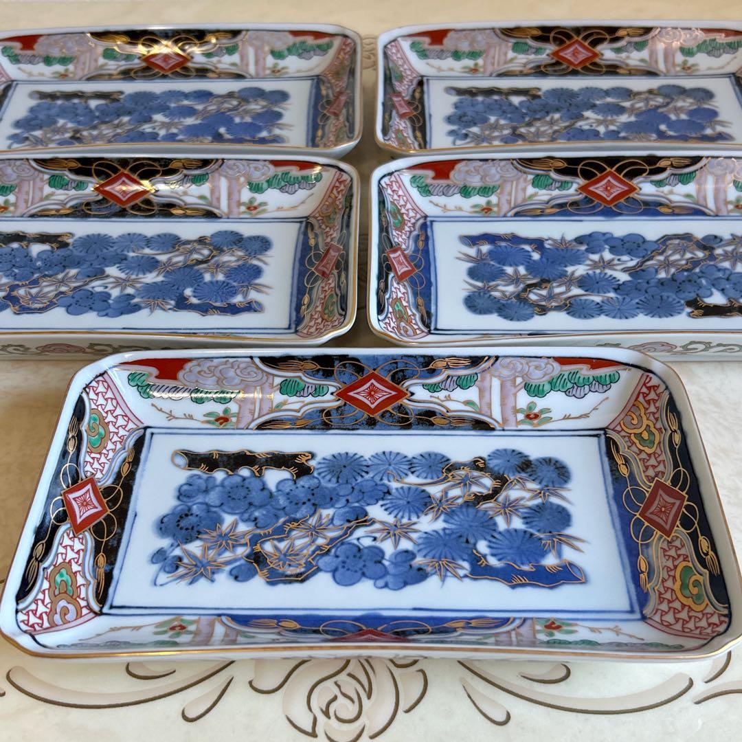 三洋陶器　龍峰窯　金彩　古伊万里　長角皿揃　5枚セット　長皿　色絵　染付　焼物皿