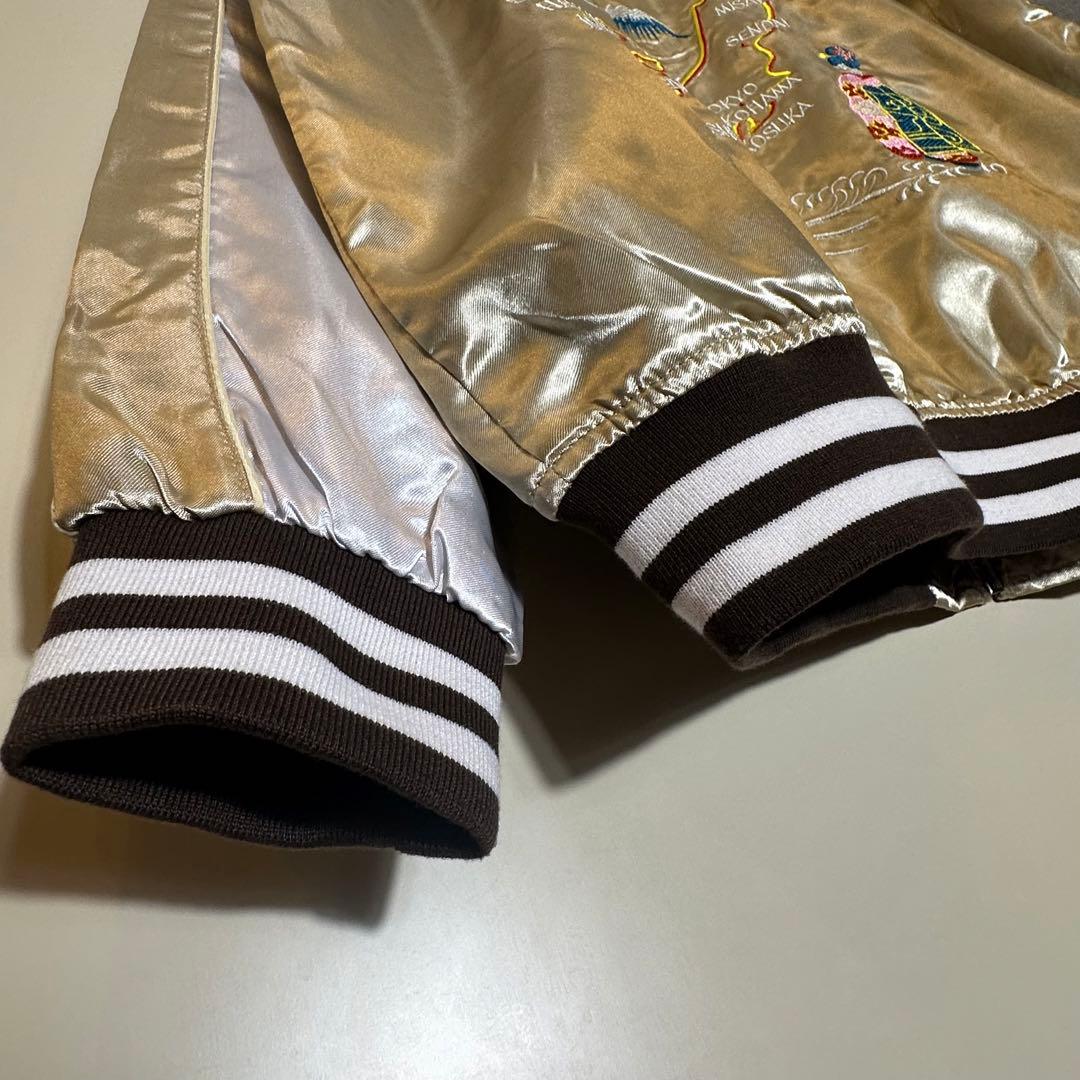 【新品】スカジャン 日本地図 鷹 舞妓 富士山刺繍 サテンスーベニア和柄ベージュ