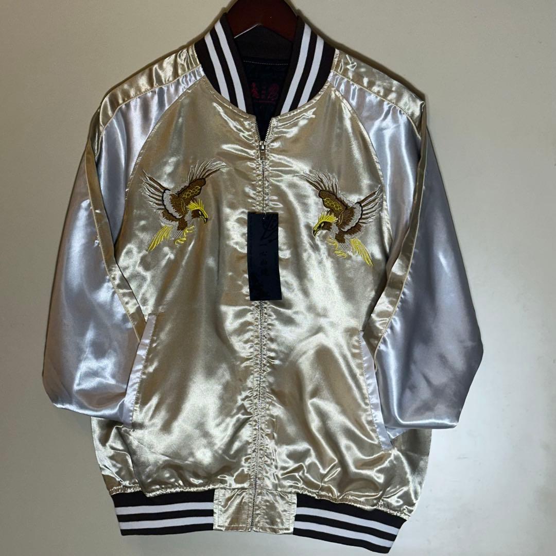 【新品】スカジャン 日本地図 鷹 舞妓 富士山刺繍 サテンスーベニア和柄ベージュ