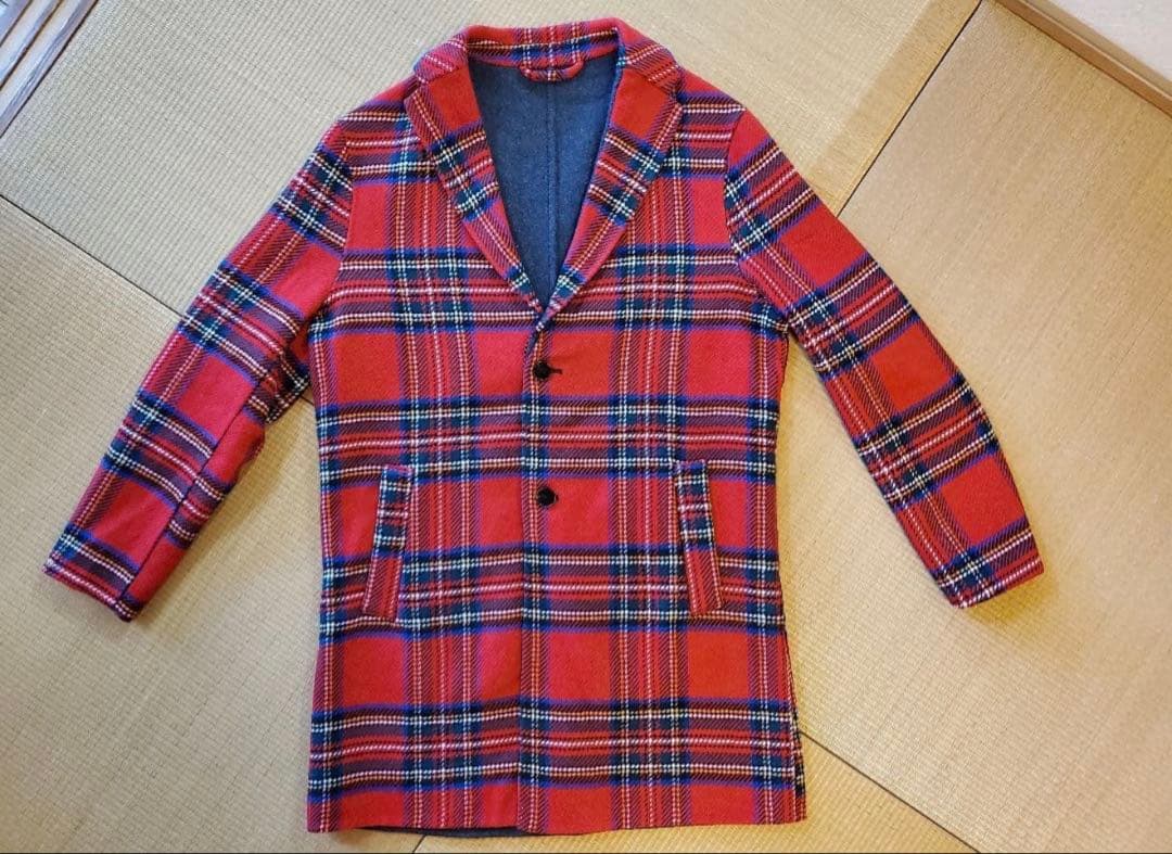 【完売品/希少】ZARA タータンチェック チェスターコート ウール混 赤 L