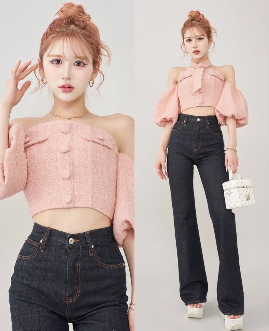 ホルターネックオフショルツイードトップPNK