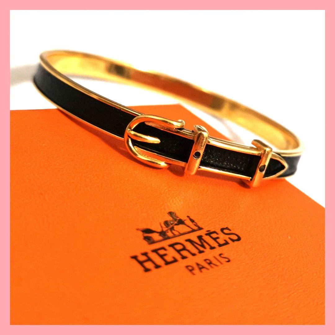 【美品】エルメス HERMESベルトモチーフブレスレット黒× ゴールド 鑑定済!