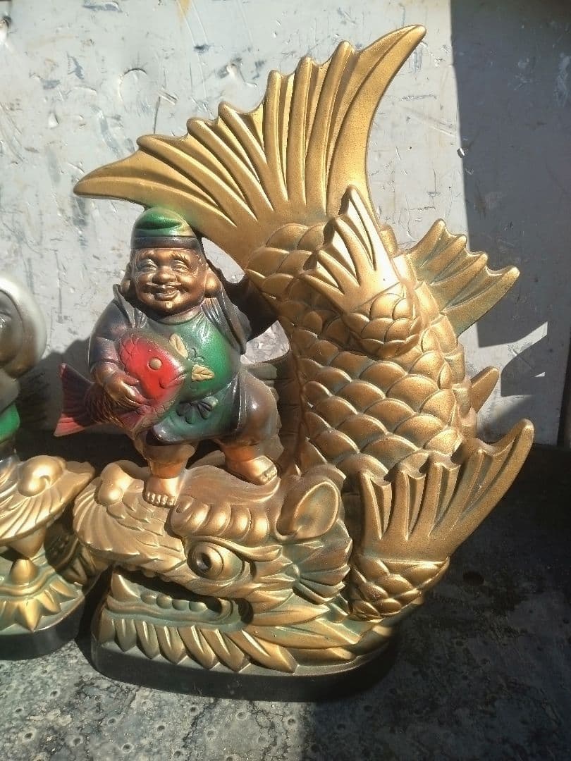 金のしゃちほこ 恵比寿 大黒 鯱鉾 縁起物 陶器 珍品 置物 昭和レトロ