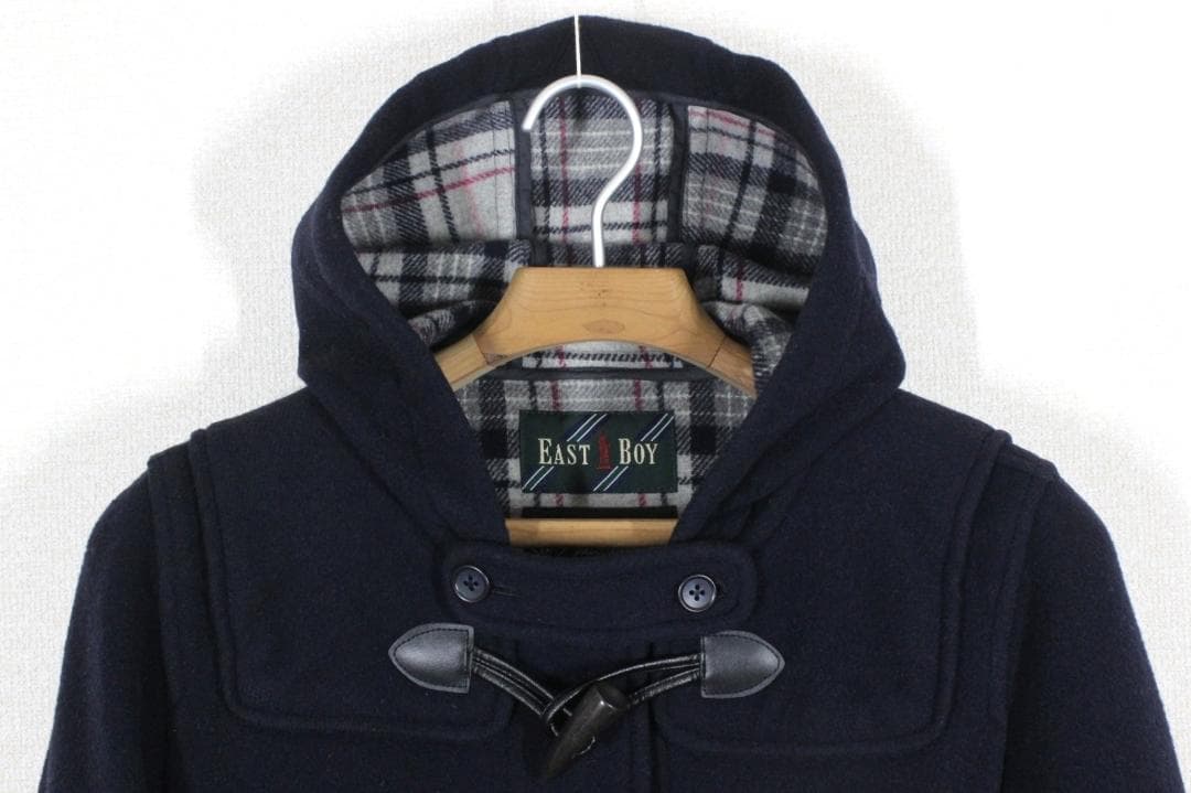 52【美品】イーストボーイ ダッフルコート 11 ネイビー 紺 L 裏チェック柄