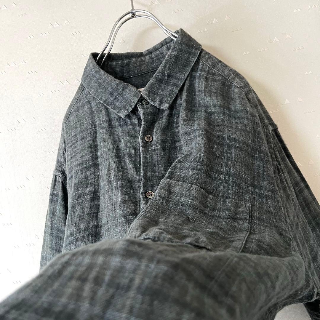 古着 コンフェクト リネンシャツ 墨黒 フェード チェック